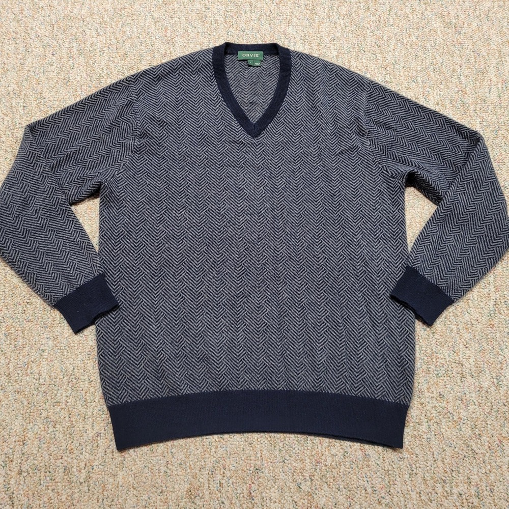 Orvis Sweater Mens Large Blue Cashmere Herringbone Knit Pullover Classic VNeck